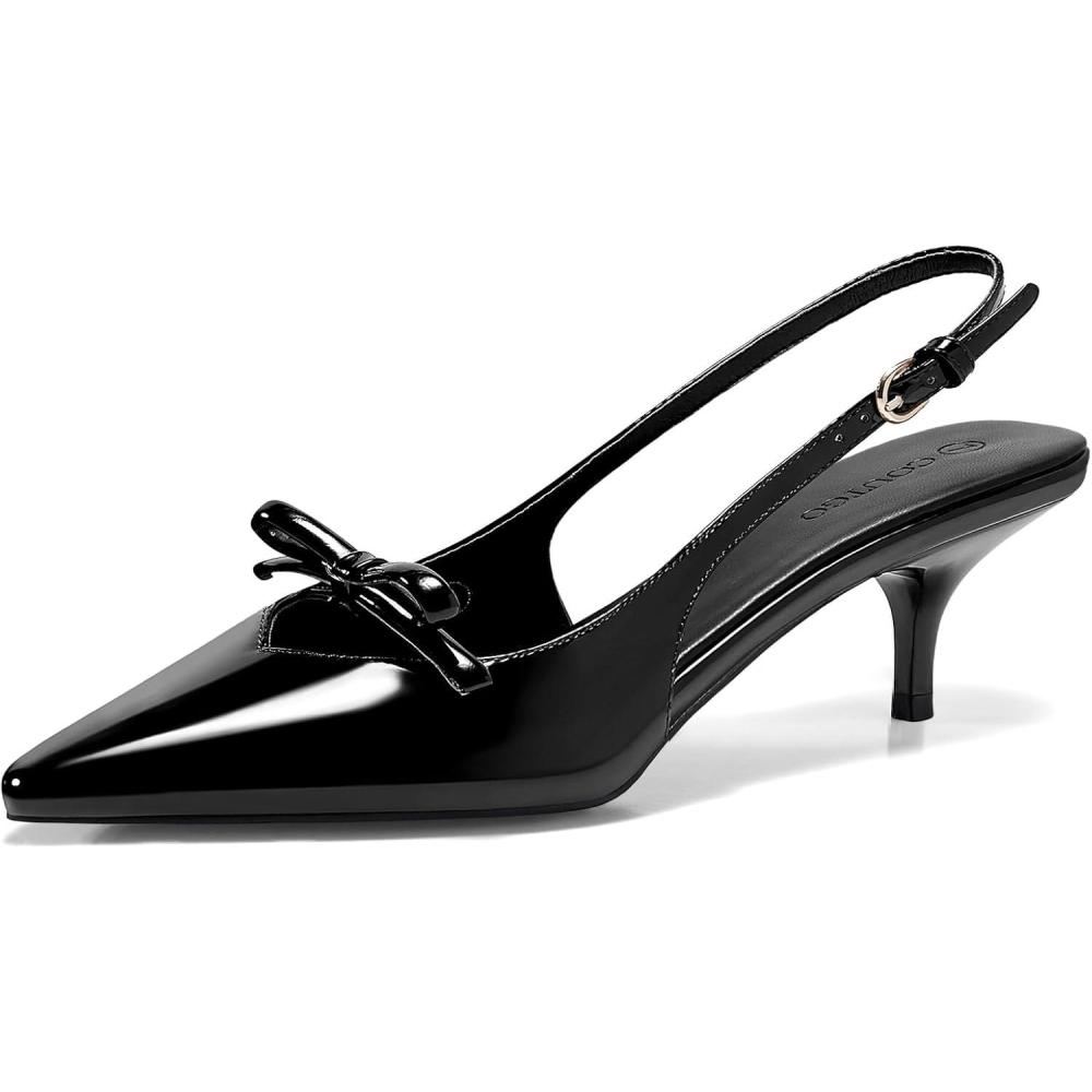 imageCoutgo Womens Bow Slingback Heels Low Kitten Heel Pumps Closed Pointed Toe Party Wedding Dress ShoesBlack