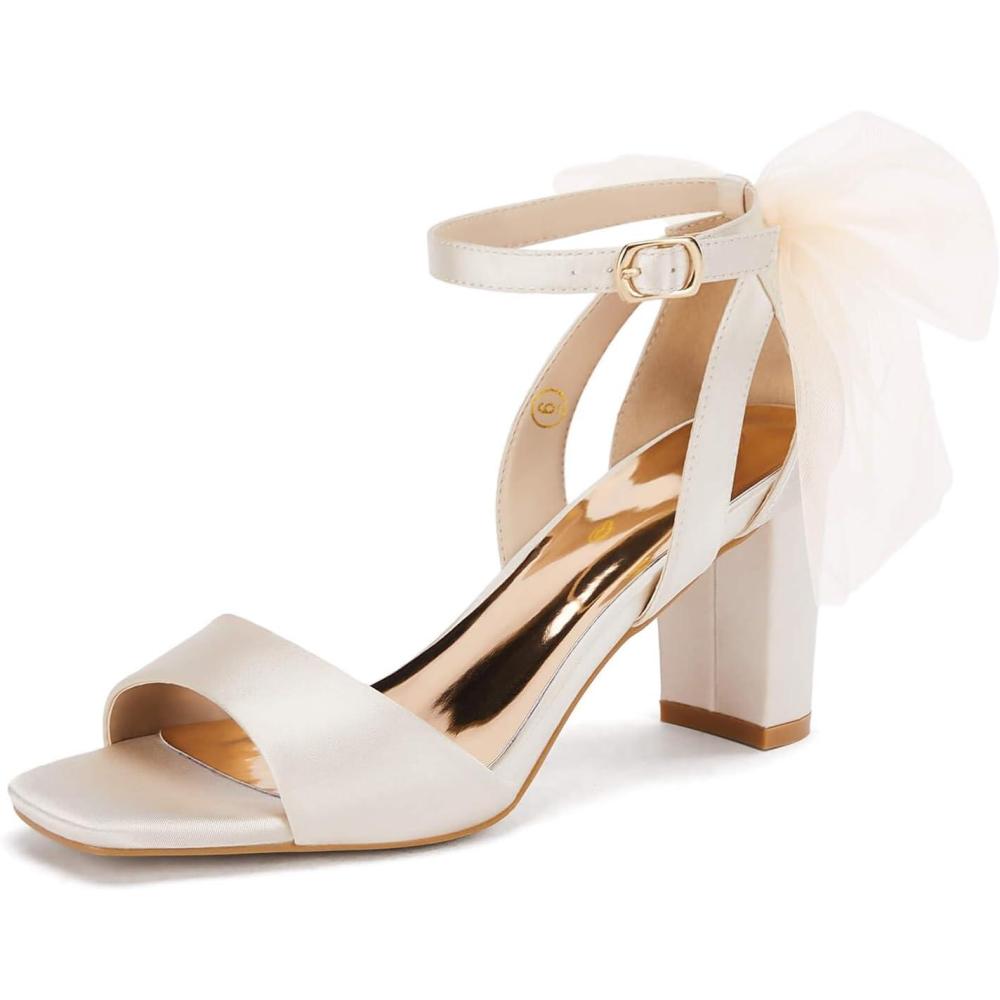 imageCoutgo Womens Bow Tie Heeled Sandals Chunky Heels One Strap Satin Ankle Buckle Dress Wedding ShoesBeige