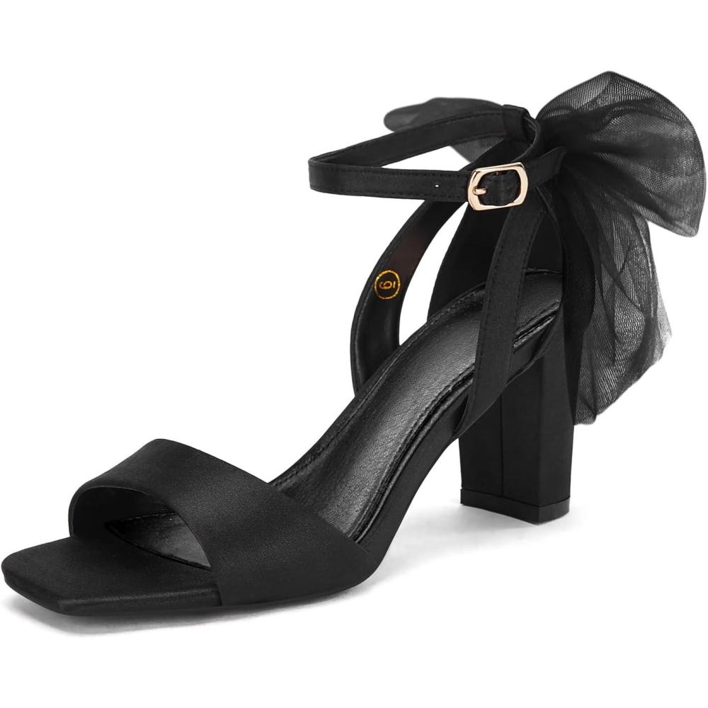 imageCoutgo Womens Bow Tie Heeled Sandals Chunky Heels One Strap Satin Ankle Buckle Dress Wedding ShoesBlack
