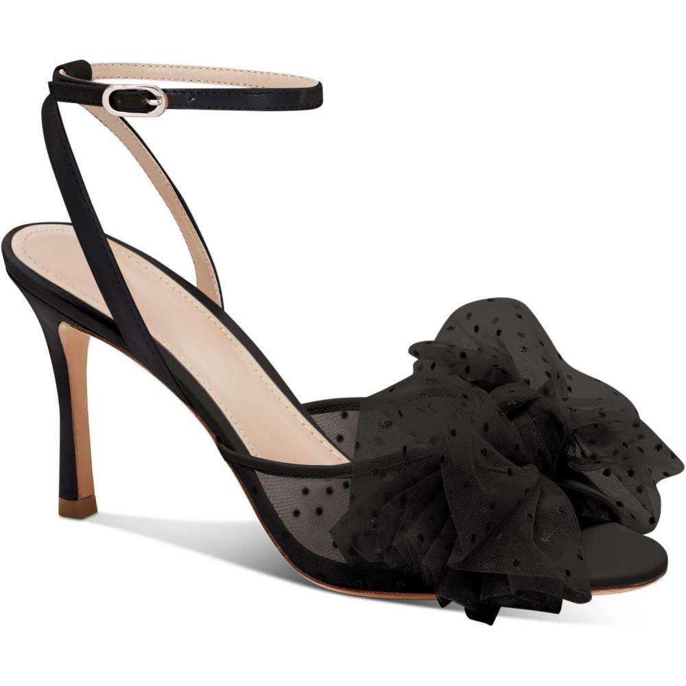 imageCoutgo Womens Bow Tie Heels Sandals Slingback Peep Toe Wedding Heels Mesh High Stiletto Heel Summer Cute Wedding Bridal ShoesBlack
