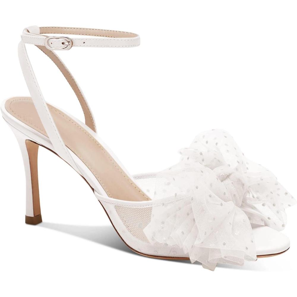 imageCoutgo Womens Bow Tie Heels Sandals Slingback Peep Toe Wedding Heels Mesh High Stiletto Heel Summer Cute Wedding Bridal ShoesWhite
