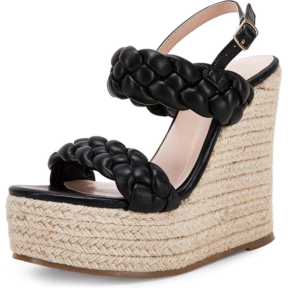 imageCoutgo Womens Braided Espadrille Platform Wedge Sandals Open Toe Two Strap Ankle Buckle Summer ShoesBlack