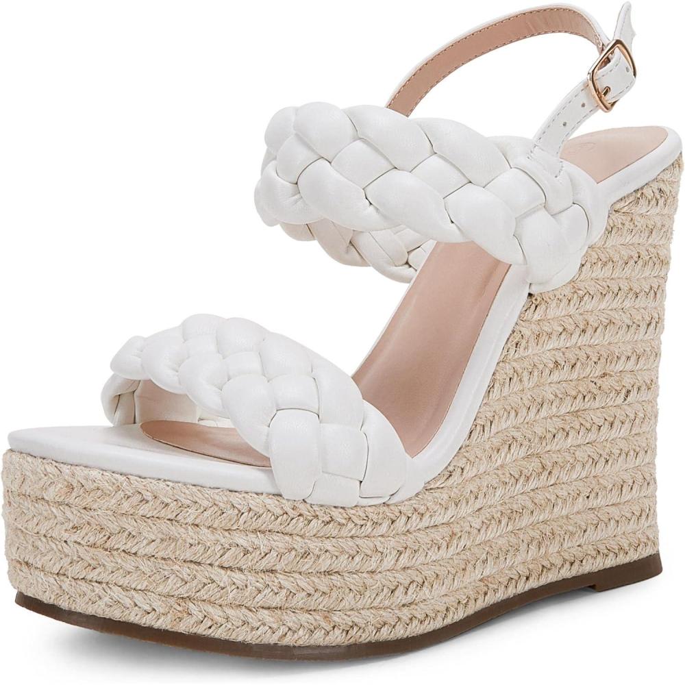 imageCoutgo Womens Braided Espadrille Platform Wedge Sandals Open Toe Two Strap Ankle Buckle Summer ShoesWhite