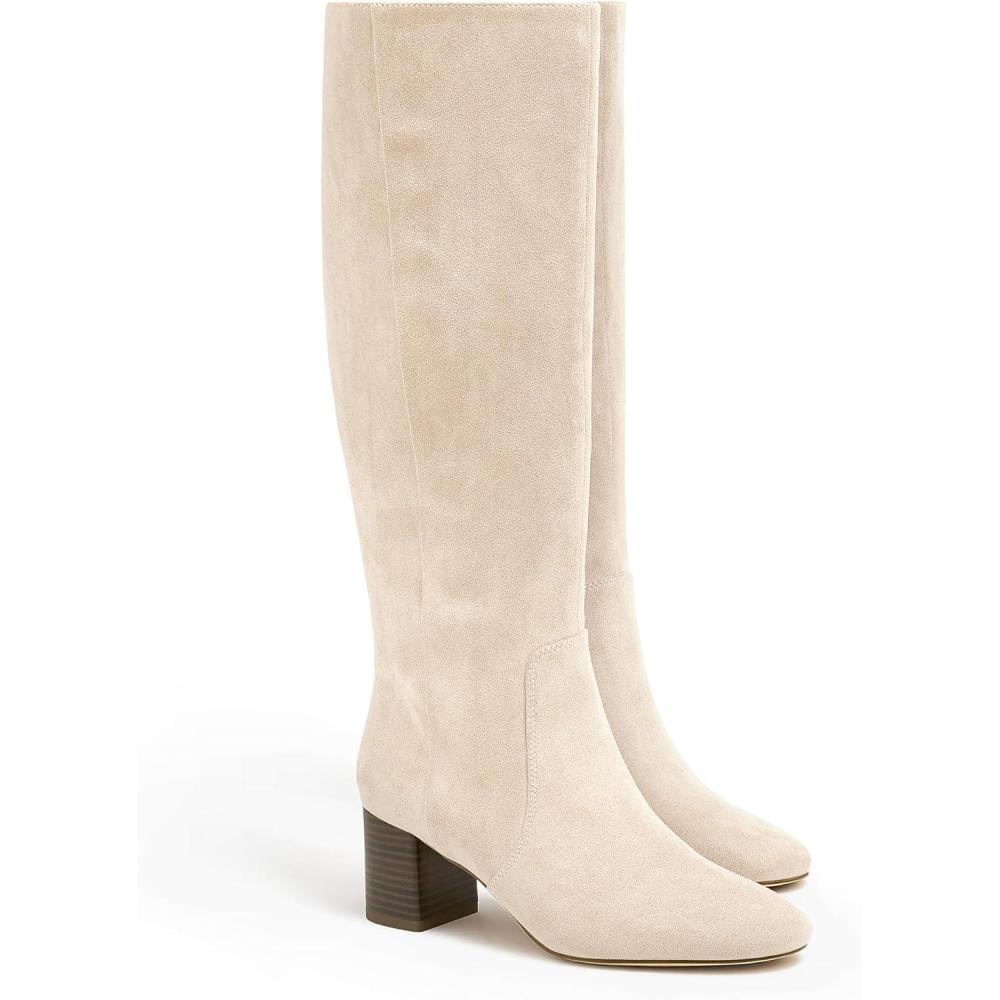 imageCoutgo Womens Chunky Heel Knee High Boots Suede Round Toe Fall Winter Tall Boots with Side ZipperBeige