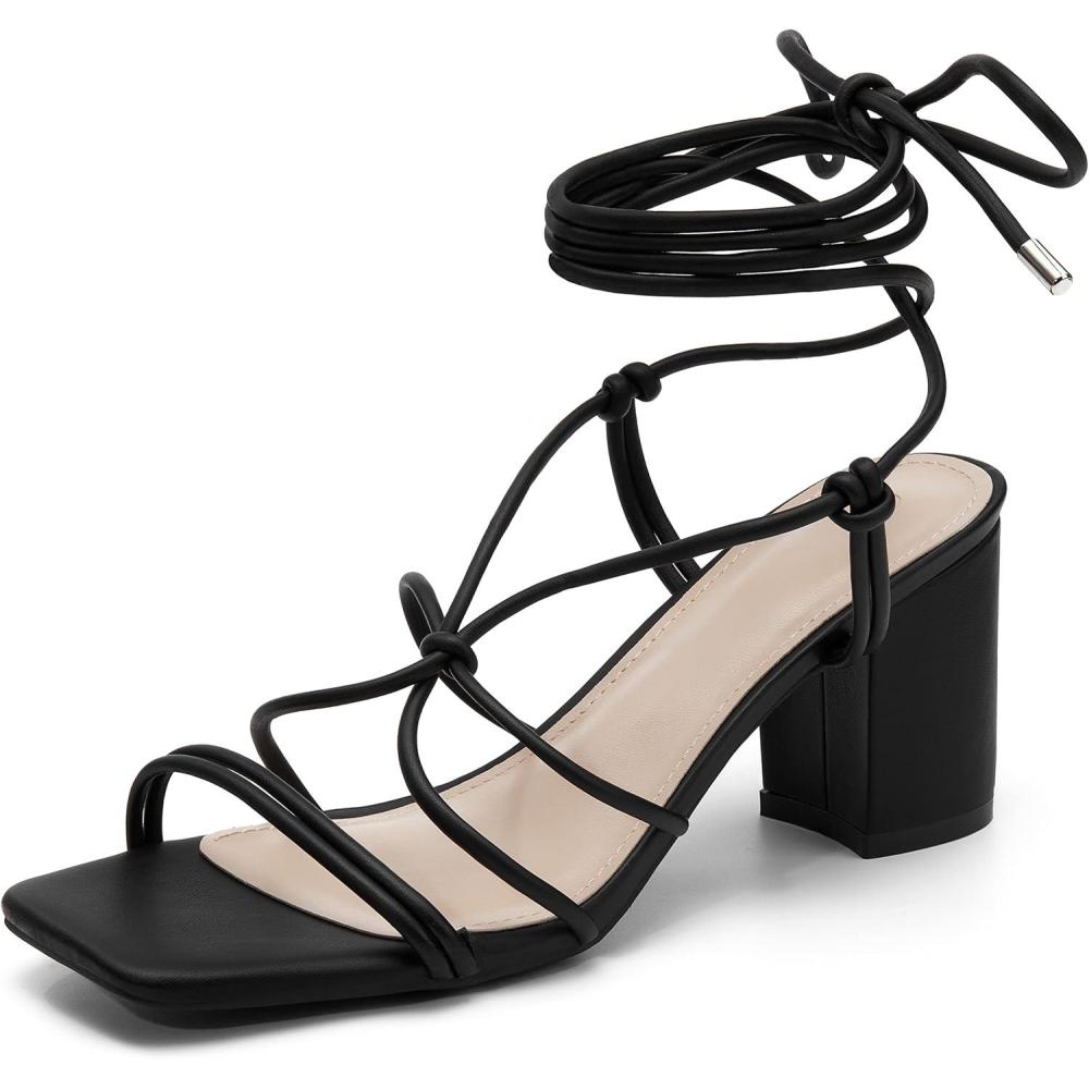 imageCoutgo Womens Chunky Heel Sandals Lace Up Heels Square Toe Strappy Straps Party ShoesBlack