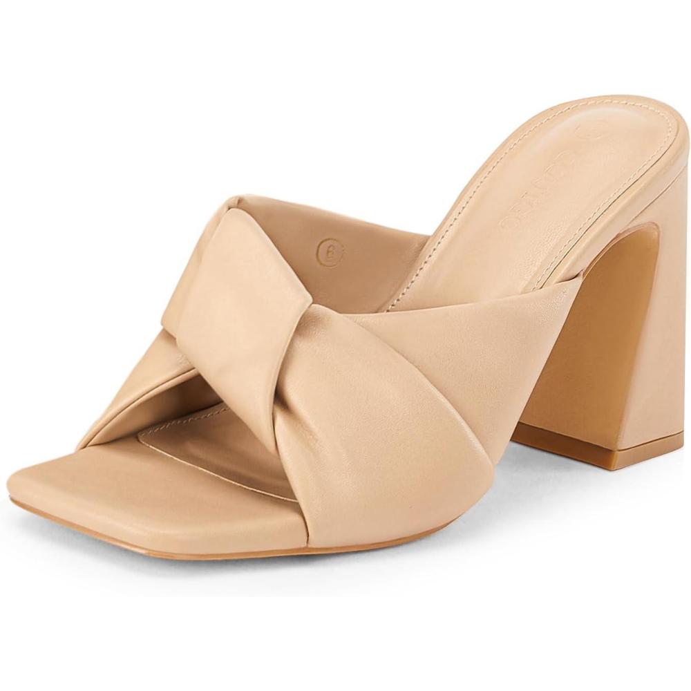 imageCoutgo Womens Chunky Heeled Mules Puffy Knot Square Open Toe Slip On Sandals Summer Evening Party Prom ShoesKhaki