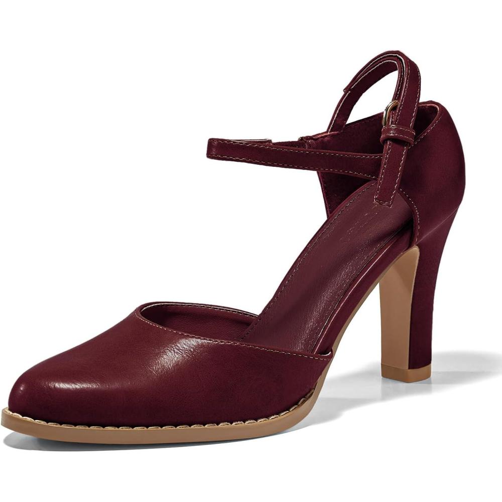 imageCoutgo Womens Chunky High Heels Closed Pointed Toe Ankle Strap Pumps Vintage DOrsay Dress Party ShoesMaroon