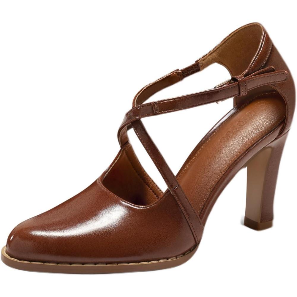 imageCoutgo Womens Chunky High Heels Dress Shoes Closed Pointed Toe Cross Strap Buckle Pumps Vintage DOrsay Party ShoesBrown