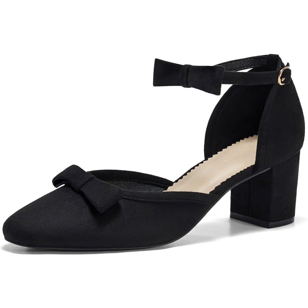 imageCoutgo Womens Chunky Low Heels Bow Closed Toe Ankle Strap Pumps Elegant Wedding Party Dress ShoesBlack