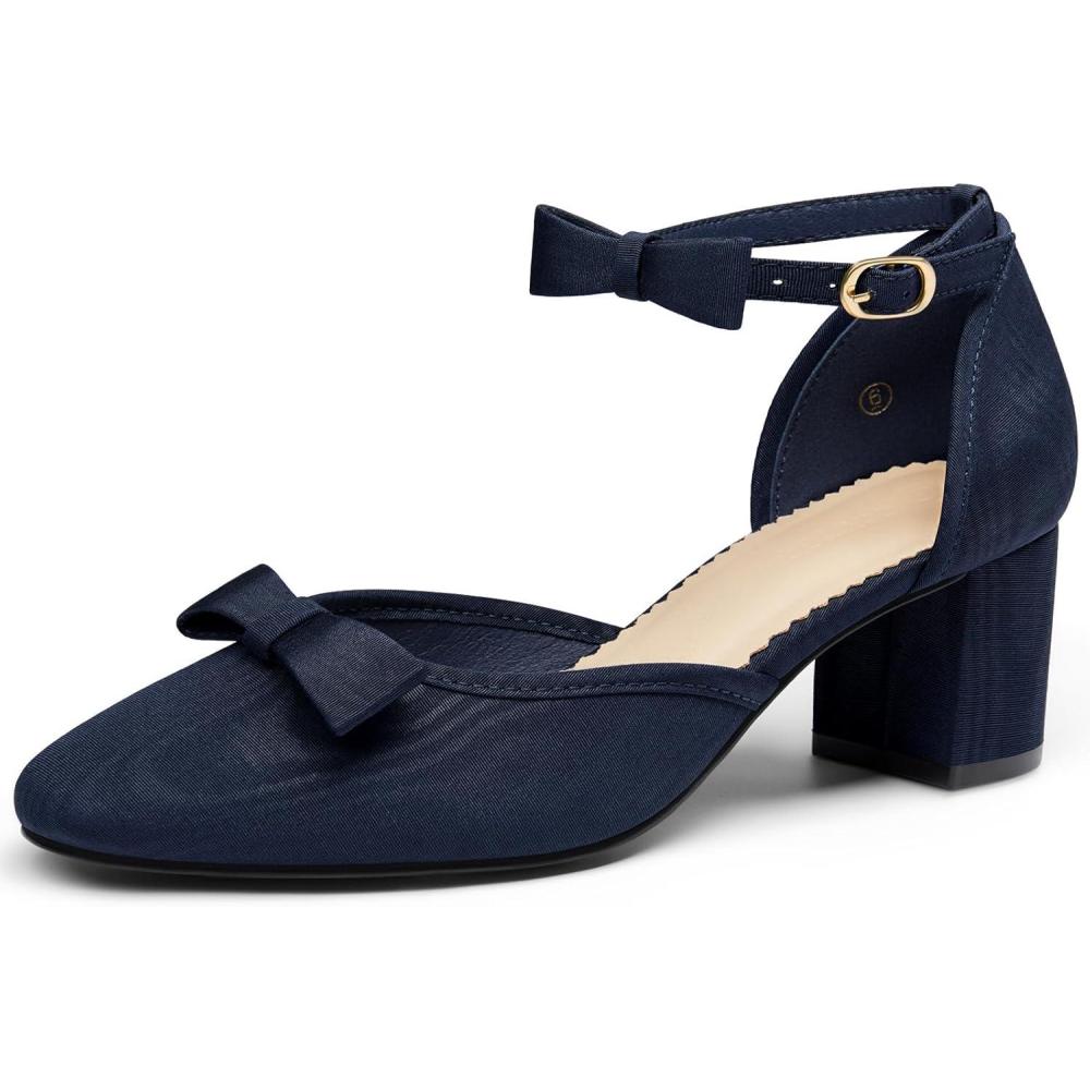 imageCoutgo Womens Chunky Low Heels Bow Closed Toe Ankle Strap Pumps Elegant Wedding Party Dress ShoesDark Blue