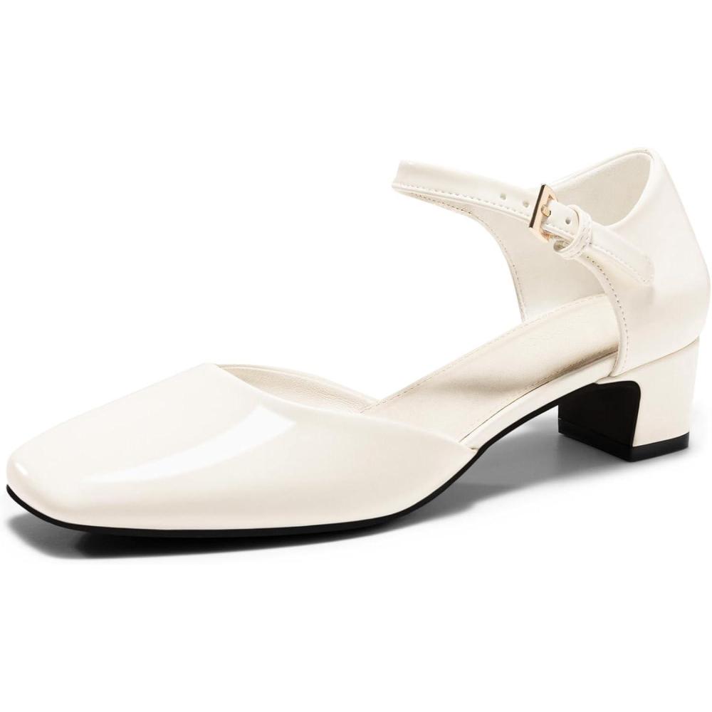 imageCoutgo Womens Chunky Low Heels Dress Shoes Ankle Buckle Strap Square Toe DOrsay Pumps Work Party ShoesCreamywhite