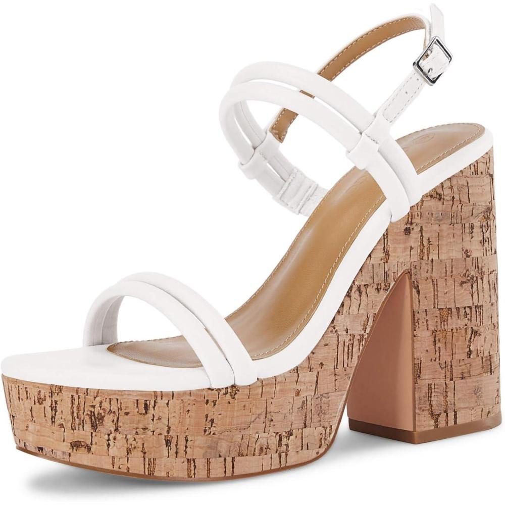 imageCoutgo Womens Cork Wedge Sandals Heels Open Toe High Heel Platform Slingback Ankle Strap Buckle Summer Dressy ShoesWhite