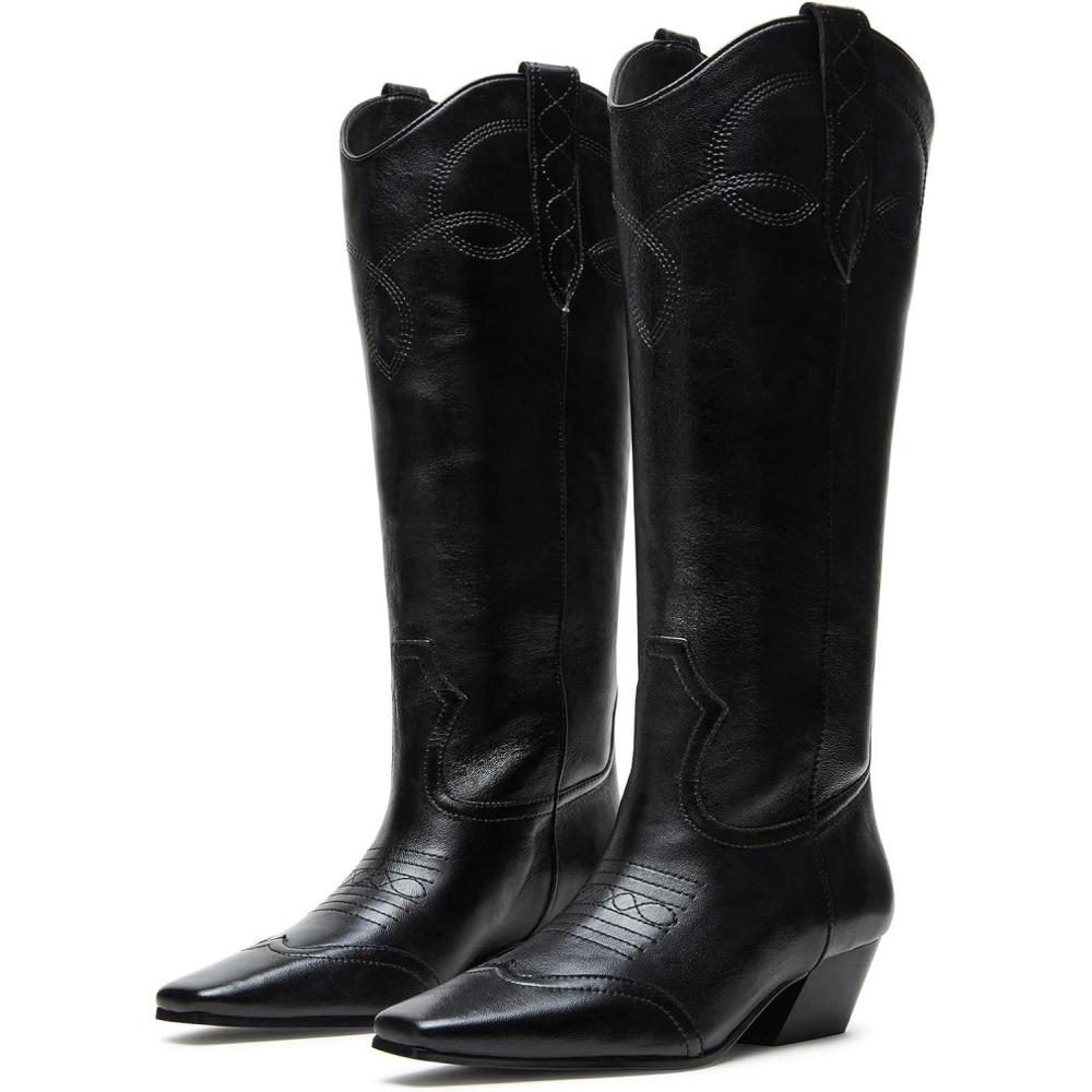 imageCoutgo Womens Cowboy Western Boots with Embroidered Square Toe Chunky Heel Mid Calf Boots Fall Winter ShoesBlack