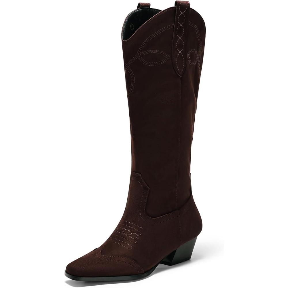 imageCoutgo Womens Cowboy Western Boots with Embroidered Square Toe Chunky Heel Mid Calf Boots Fall Winter ShoesChocolate