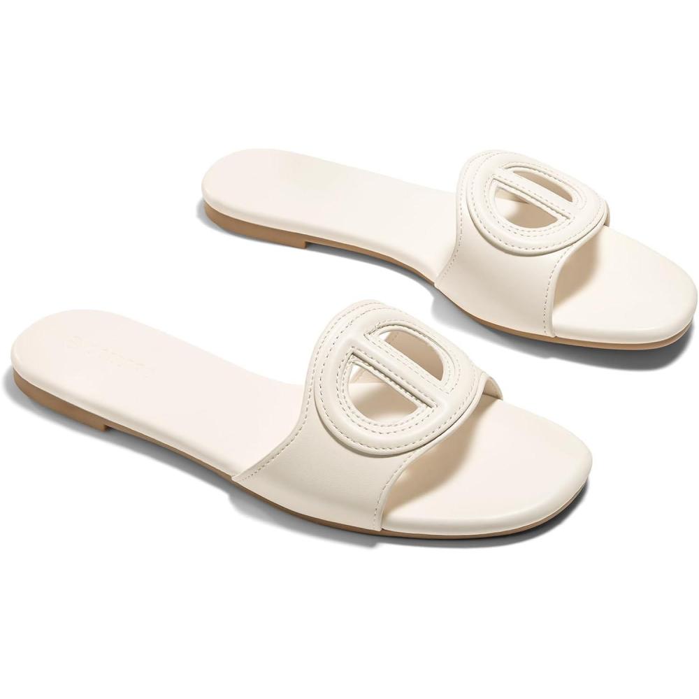 imageCoutgo Womens Dressy Flat Sandals Open Toe Slip on Leather Summer Beach Slide SandalsBeige