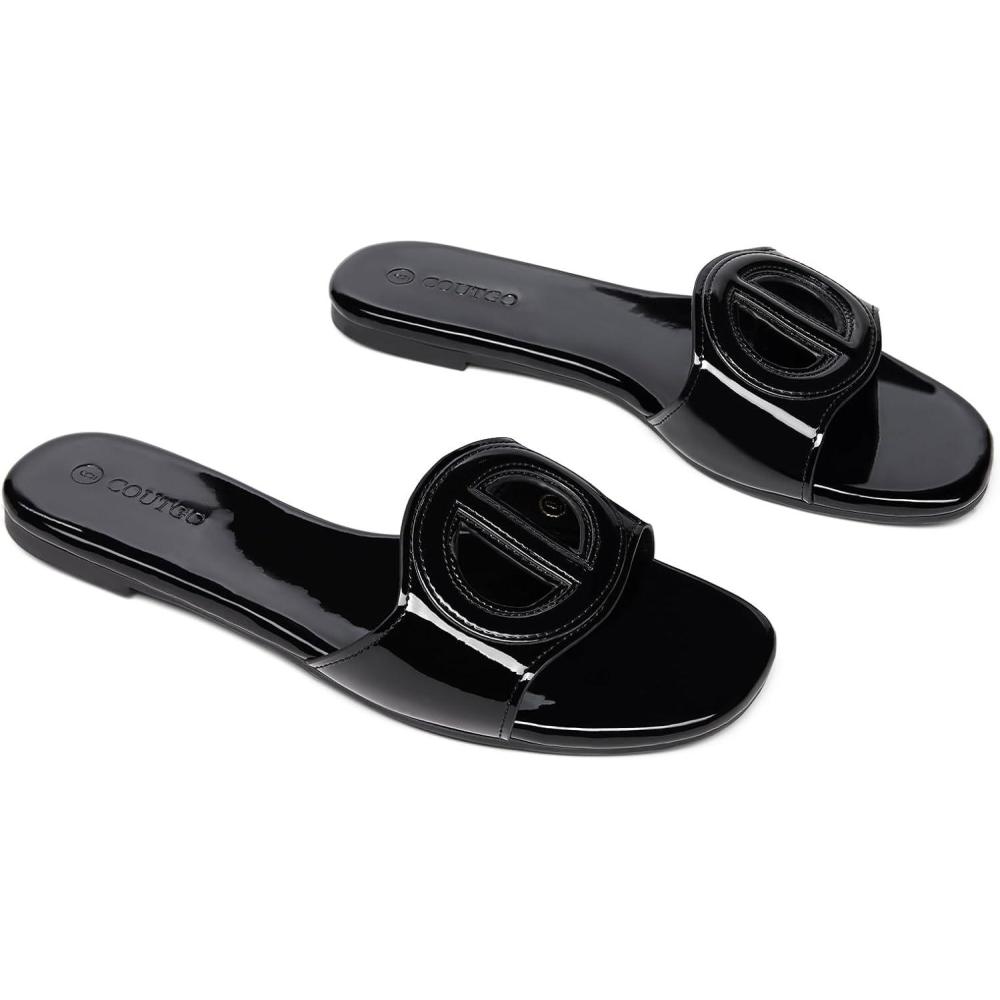imageCoutgo Womens Dressy Flat Sandals Open Toe Slip on Leather Summer Beach Slide SandalsMirror Cool Black