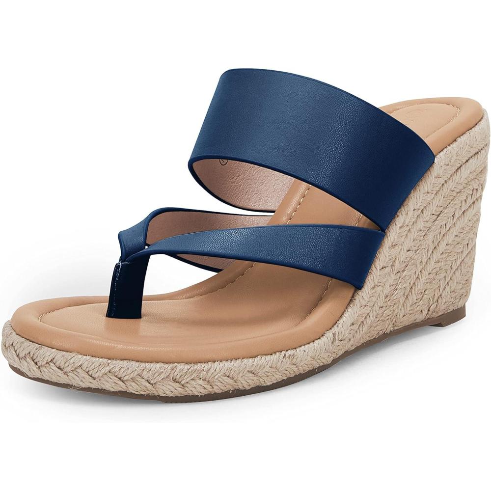 imageCoutgo Womens Espadrille Wedge Sandals Platform Thong Leather Strap Slides Backless Slip On Summer Casual Flip FlopsNavy