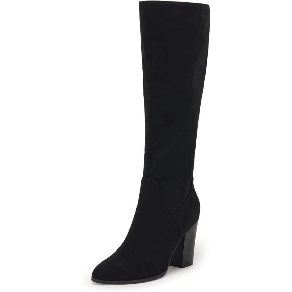 imageCoutgo Womens Faux Suede Knee High Boots Side Zipper Chunky Heel Stretch Winter BootsBlack