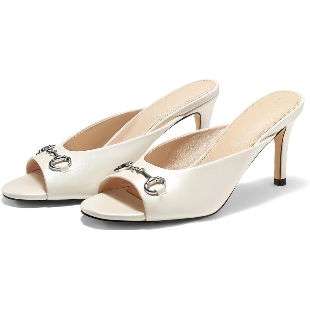 imageCoutgo Womens Heeled Mules Peep Toe High Heels Backless Dress Shoes Summer Slide Sandals with Metal ChainWhite