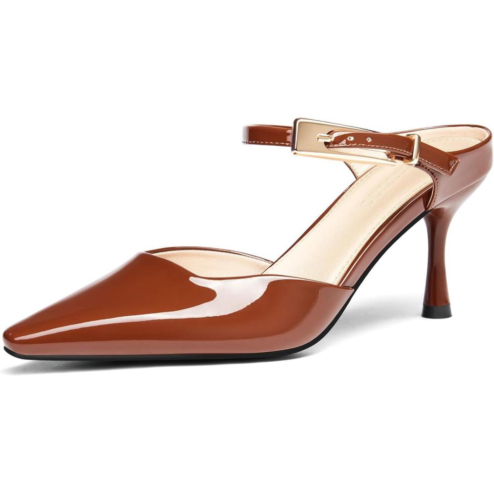 imageCoutgo Womens High Heels Mules Closed Pointed Toe Kitten Heel Pumps Ankle Buckle Strap Slip On Backless Dress ShoesBrown