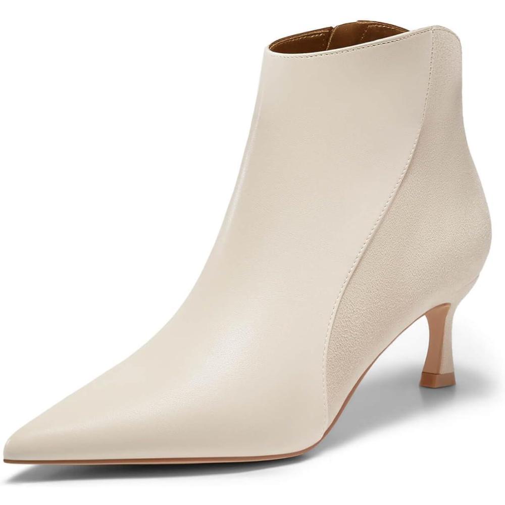 imageCoutgo Womens Kitten Heel Ankle Boots Pointed Toe Side Zipper Fall Winter Booties ShoesBeige