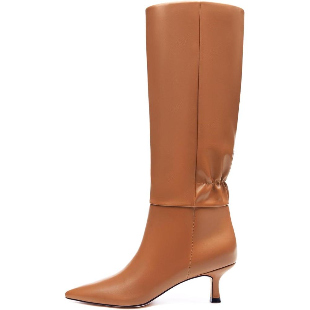 imageCoutgo Womens Kitten Heel Knee High Boots Pointed Toe Tall Boots Pull On Winter Dress Long Boot ShoesBrown