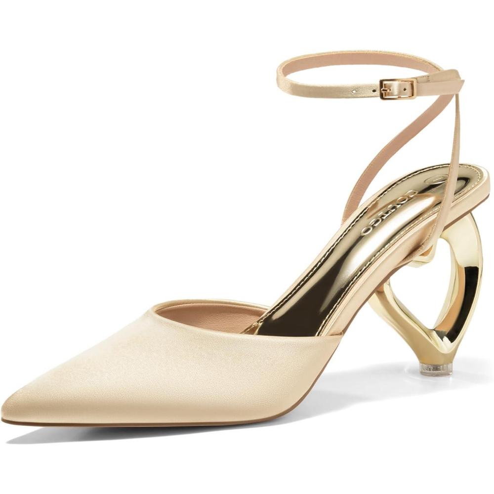 imageCoutgo Womens Kitten Heels Closed Pointed Toe Heart Heel Ankle Strap Satin Pumps Wedding Prom Dress ShoesChampagne Gold