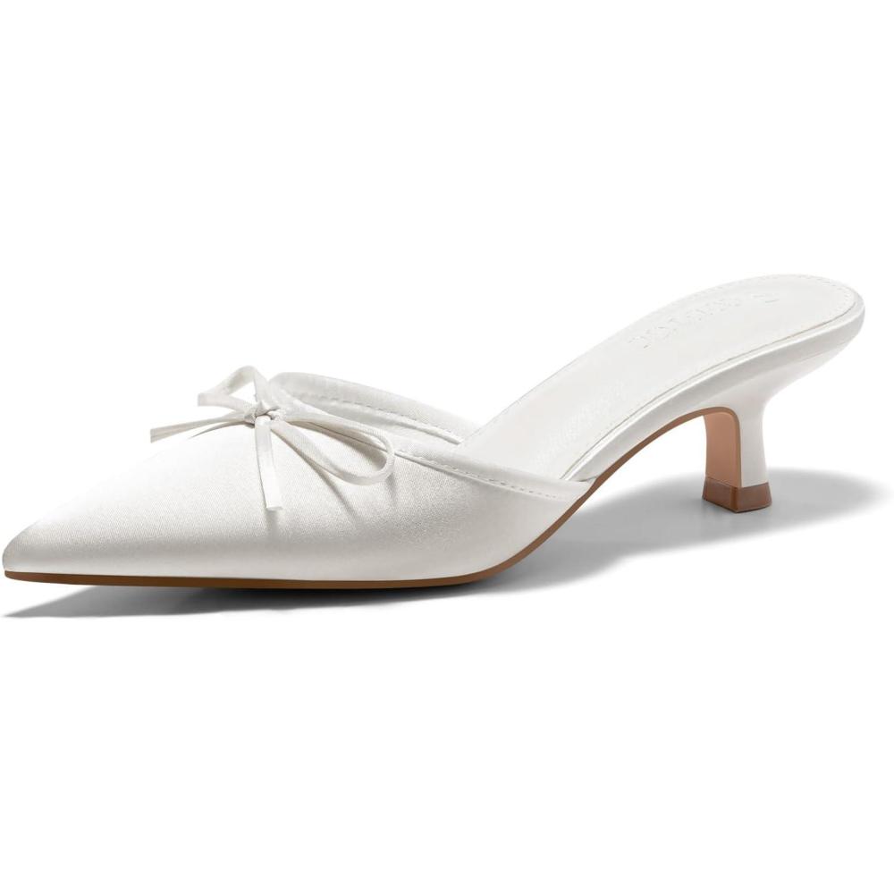 imageCoutgo Womens Kitten Heels Mules with Bow Satin Slip on Pumps Closed Pointed Toe Dress Wedding Party ShoesWhite