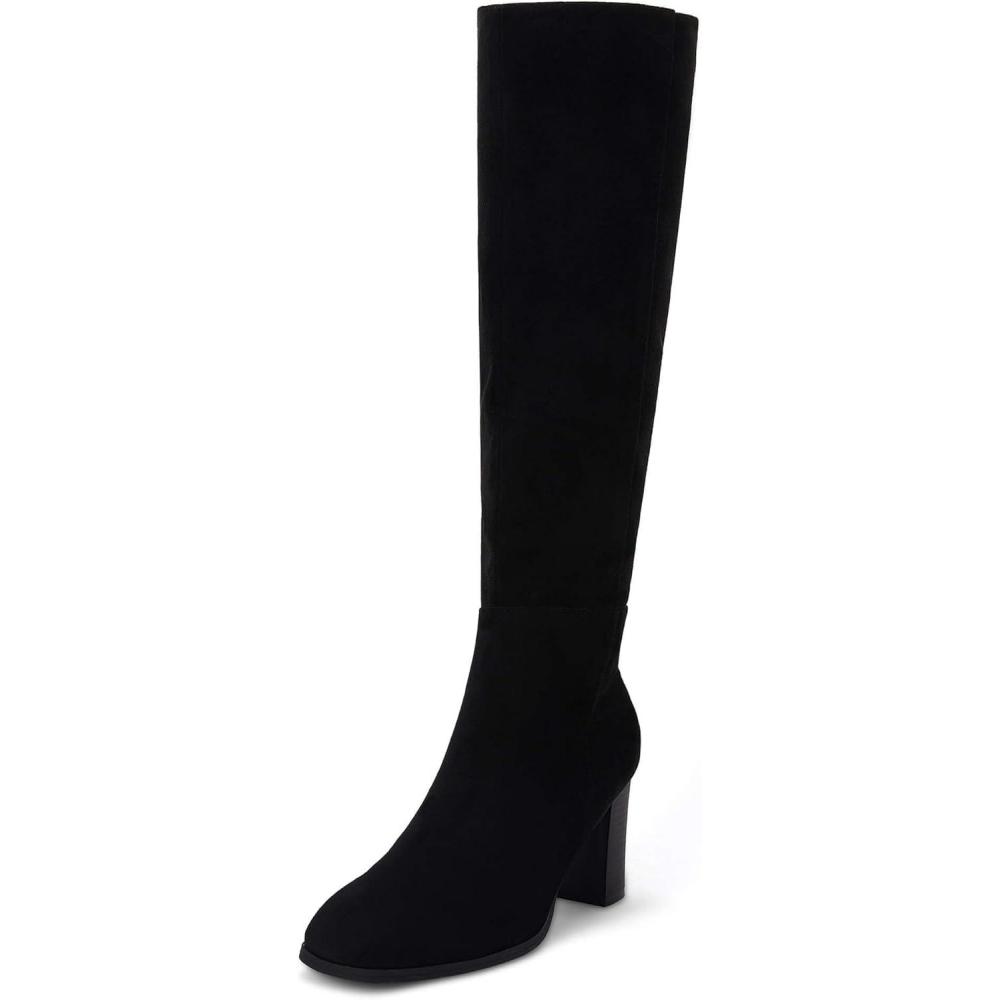 imageCoutgo Womens Knee High Boots Chunky Block Heels Square Toe Side Zipper Faux Suede Fall Winter Comfort BootBlack