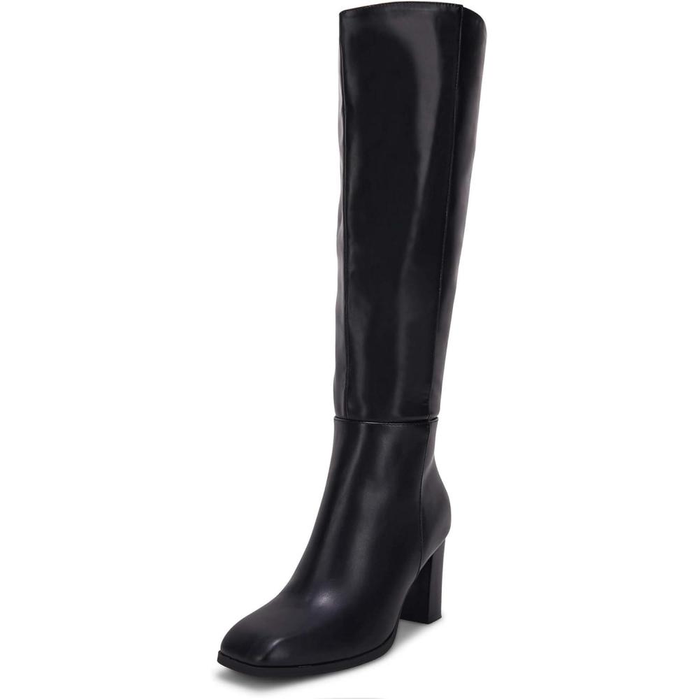 imageCoutgo Womens Knee High Boots Chunky Block Heels Square Toe Side Zipper Faux Suede Fall Winter Comfort BootGlossy Black