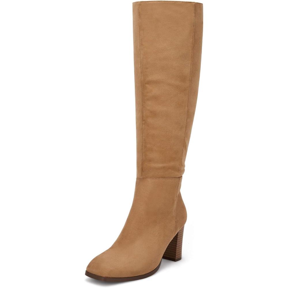 imageCoutgo Womens Knee High Boots Chunky Block Heels Square Toe Side Zipper Faux Suede Fall Winter Comfort BootKhaki