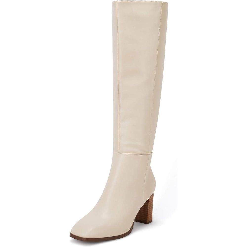 imageCoutgo Womens Knee High Boots Chunky Block Heels Square Toe Side Zipper Faux Suede Fall Winter Comfort BootNude