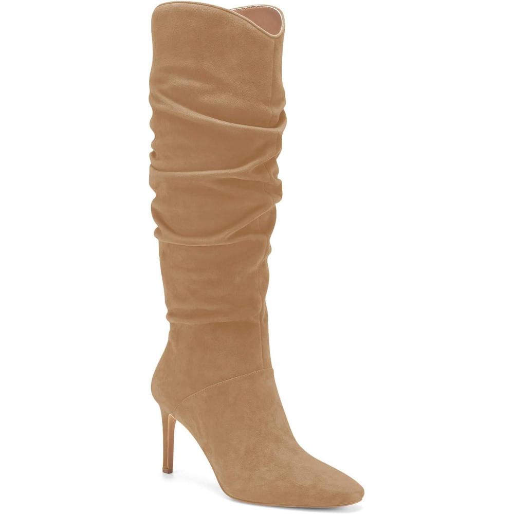 imageCoutgo Womens Knee High Boots Faux Suede Almond Toe Stiletto High Heel Slouchy Side Zipper BootiesDark Khaki
