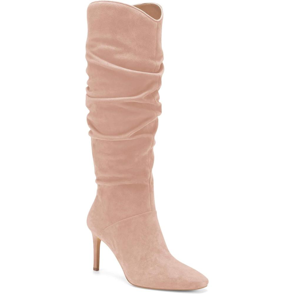 imageCoutgo Womens Knee High Boots Faux Suede Almond Toe Stiletto High Heel Slouchy Side Zipper BootiesLight Pink
