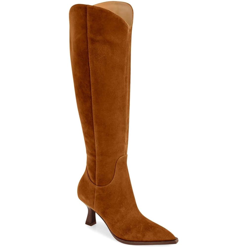 imageCoutgo Womens Knee High Boots Kitten Heel Pointed Toe Tall Boots Side Zipper Fall Winter ShoesBrown