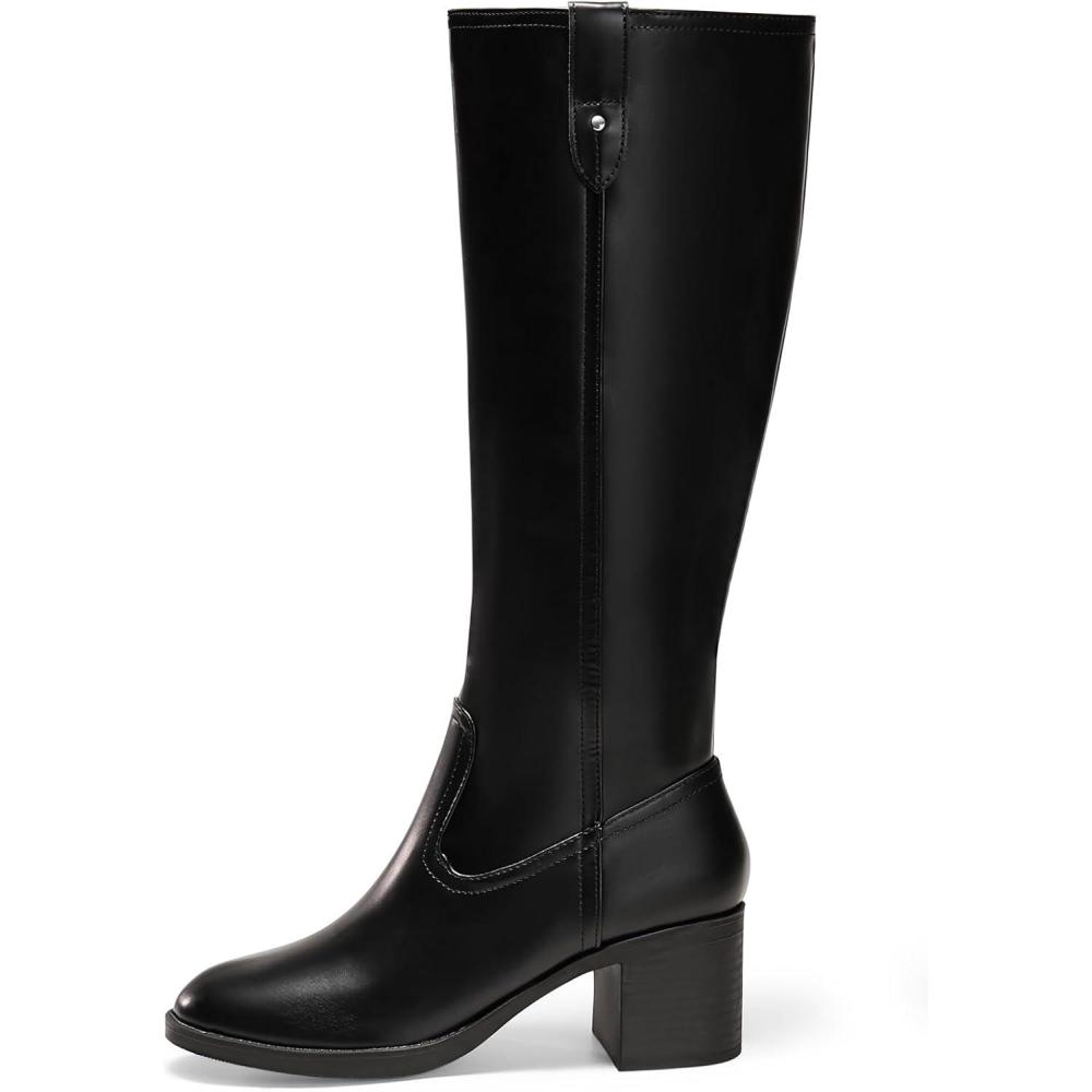 imageCoutgo Womens Knee High Boots Low Chunky Heel Round Toe Tall Boots Side Zipper Fall Dress ShoesBlack