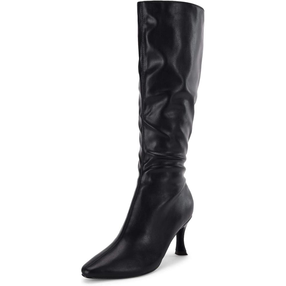 imageCoutgo Womens Knee High Boots Pointed Toe Kitten Heel Side Zipper Stretchy Vegan Suede Comfort Fall Winter BootBlack