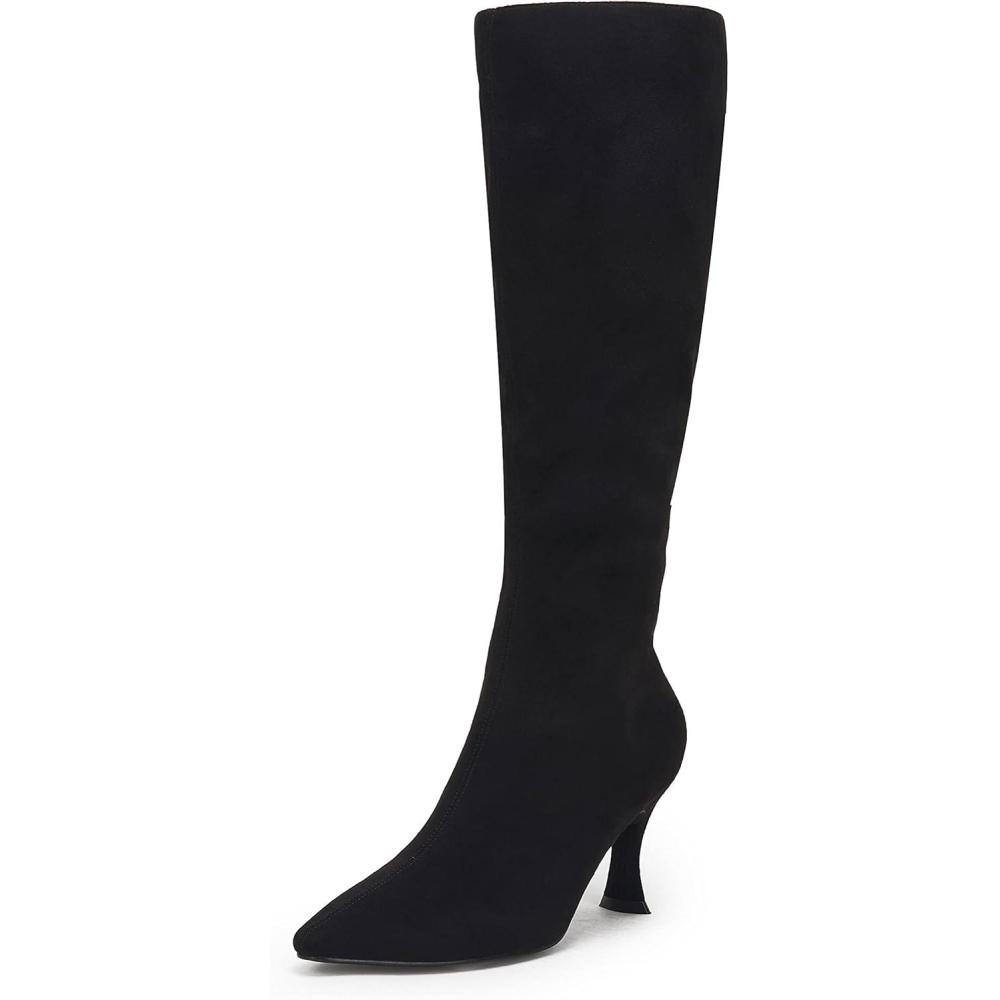 imageCoutgo Womens Knee High Boots Pointed Toe Kitten Heel Side Zipper Stretchy Vegan Suede Comfort Fall Winter BootPure Black