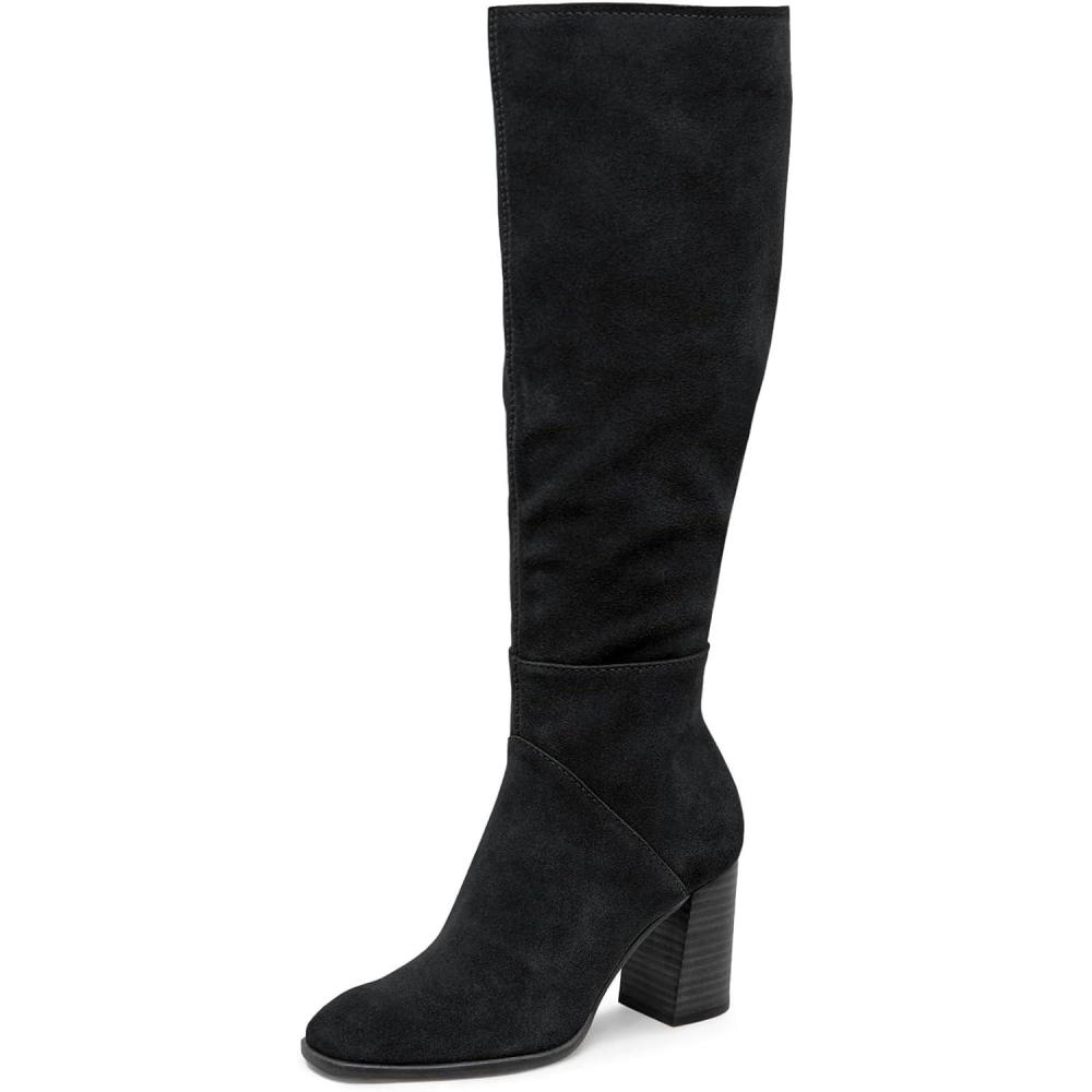 imageCoutgo Womens Knee High Boots Square Toe Chunky Block Heel Side Zipper Faux Suede Long Boots Fall Winter ShoesBlack