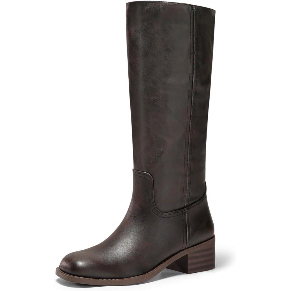 imageCoutgo Womens Knee High Boots Square Toe Chunky Block Heel Tall Boots Comfortable Low Heel ShoesBlackish Brown