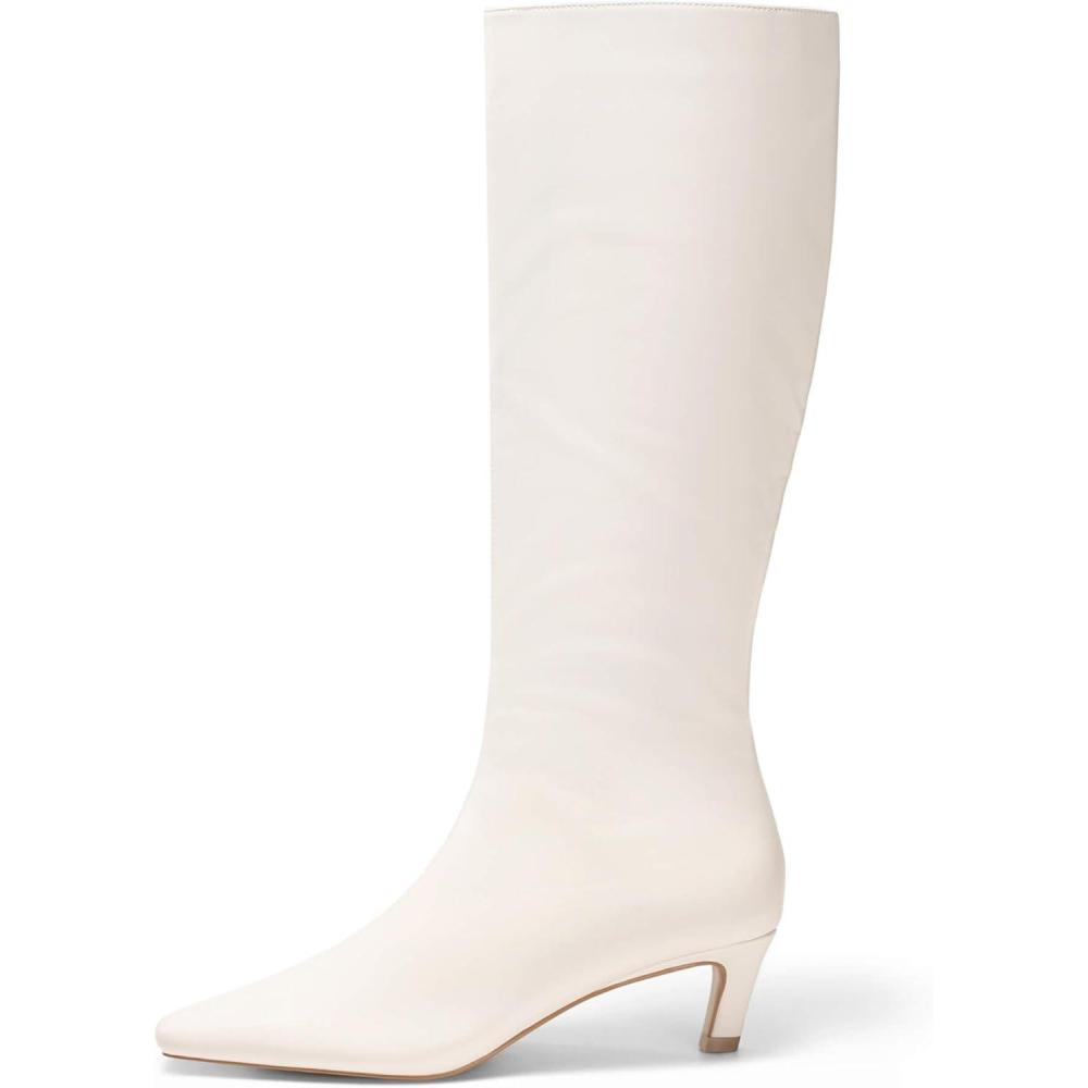 imageCoutgo Womens Knee High Boots Square Toe Kitten Heel Tall Boots Side Zipper Dressy Fall ShoesCream White