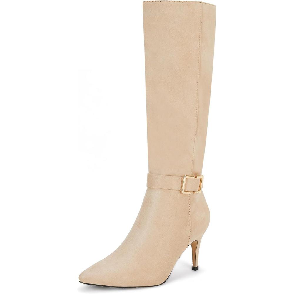imageCoutgo Womens Knee High Boots Stiletto Heels Suede Pointed Toe Wide Calf Metal Buckle Side Zipper Winter BootsNude