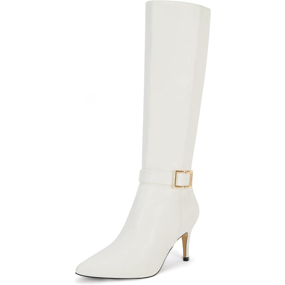 imageCoutgo Womens Knee High Boots Stiletto Heels Suede Pointed Toe Wide Calf Metal Buckle Side Zipper Winter BootsWhite