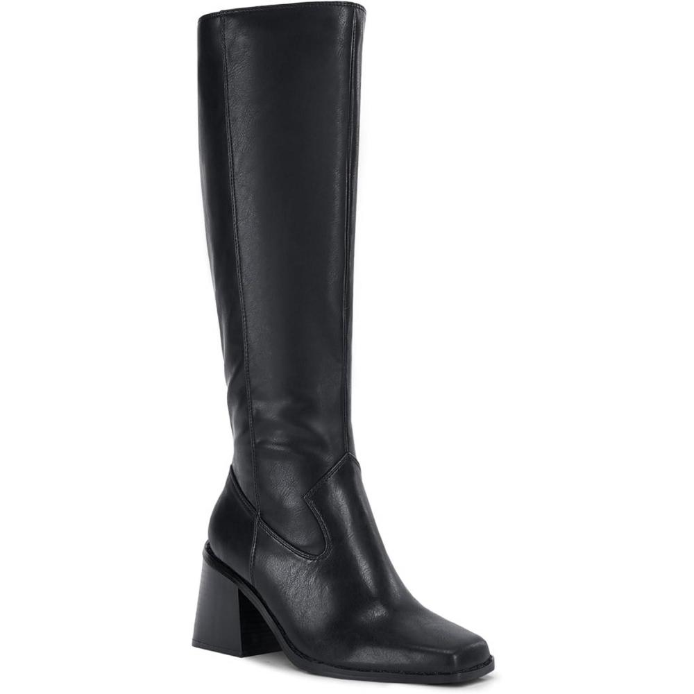 imageCoutgo Womens Knee High Boots Wide Calf Square Toe Chunky Heeled Pullon BootBlack