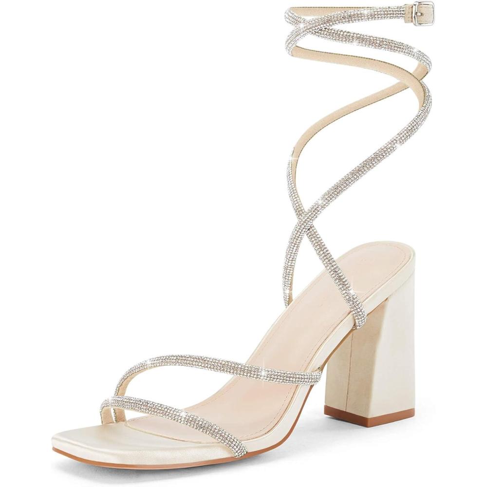 imageCoutgo Womens Lace Up Chunky Heels Rhinestone Sandals Square Open Toe High Block Heeled Wedding Dress ShoesApricot