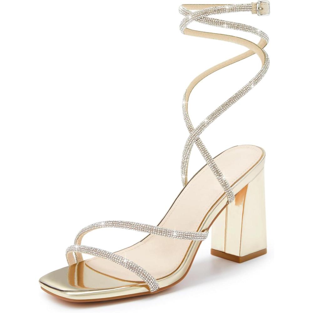 imageCoutgo Womens Lace Up Chunky Heels Rhinestone Sandals Square Open Toe High Block Heeled Wedding Dress ShoesLight Gold