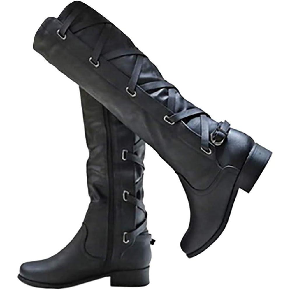imageCoutgo Womens Lace Up Knee High Boots Motorcycle Riding Flat Low Heels Strappy Winter Combat BootsBlack