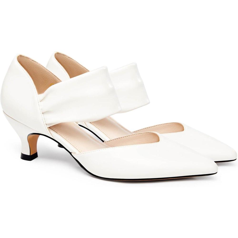 imageCoutgo Womens Low Kitten Heel Dress Shoes Pointed Toe Slip on Ankle Strap Cutout Elegant Party Wedding PumpsBeigewhite
