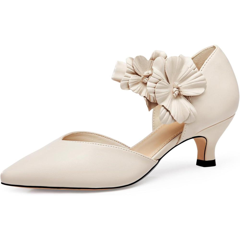 imageCoutgo Womens Low Kitten Heels Dressy Shoes Comfortable Closed Toe Flower Slip on Formal Party Dance Heeled PumpsBeige