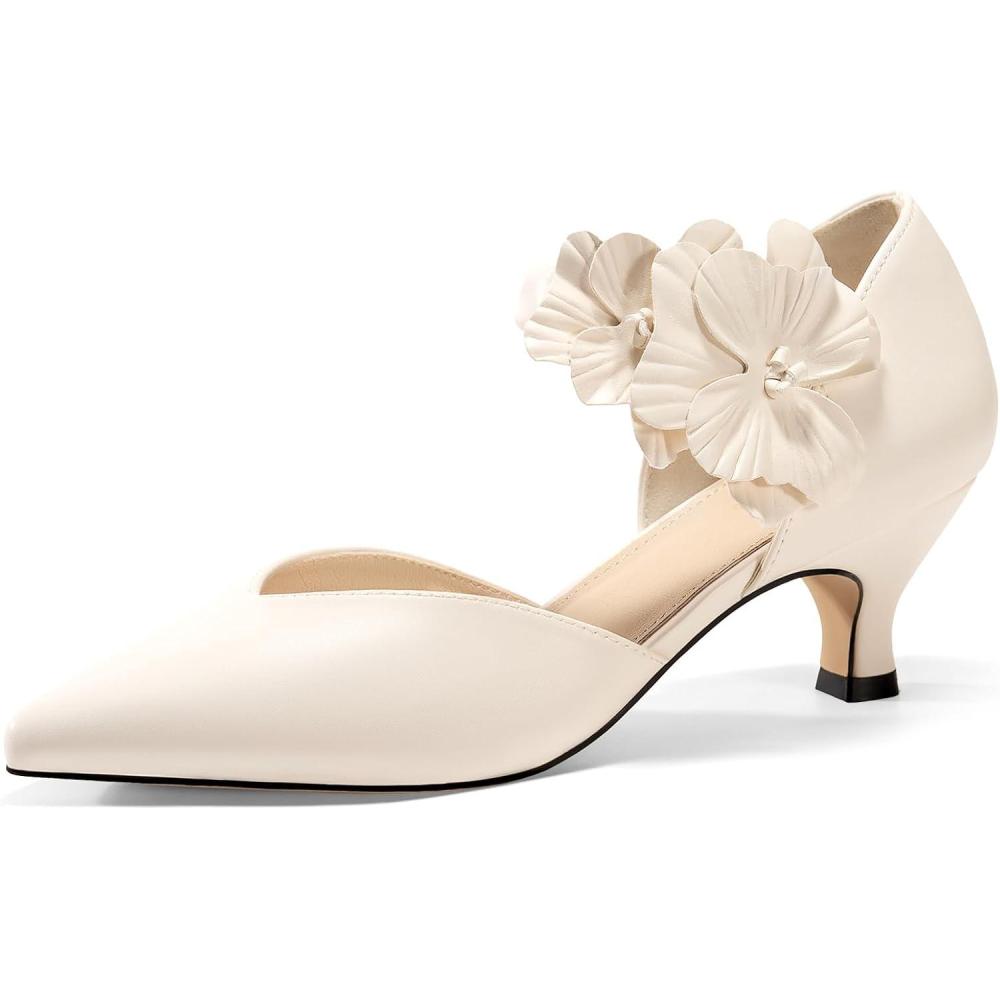 imageCoutgo Womens Low Kitten Heels Dressy Shoes Comfortable Closed Toe Flower Slip on Formal Party Dance Heeled PumpsCreamywhite